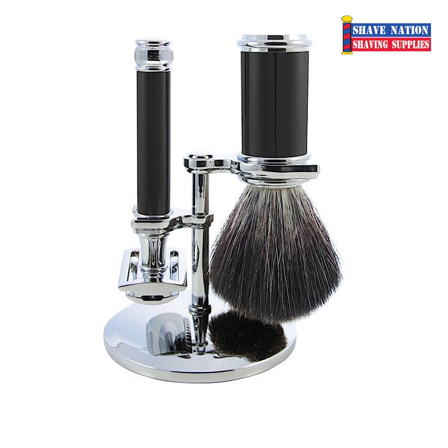 Edwin Jagger DE86 Black & Chrome 3 Piece Safety Razor Set (Synthetic Brush)