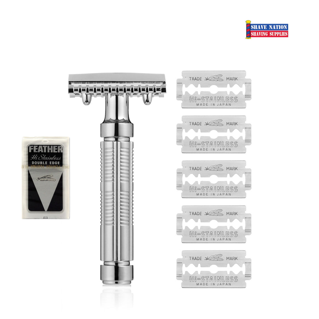 Fine DE5 Open Comb Safety Razor with Feather Blades