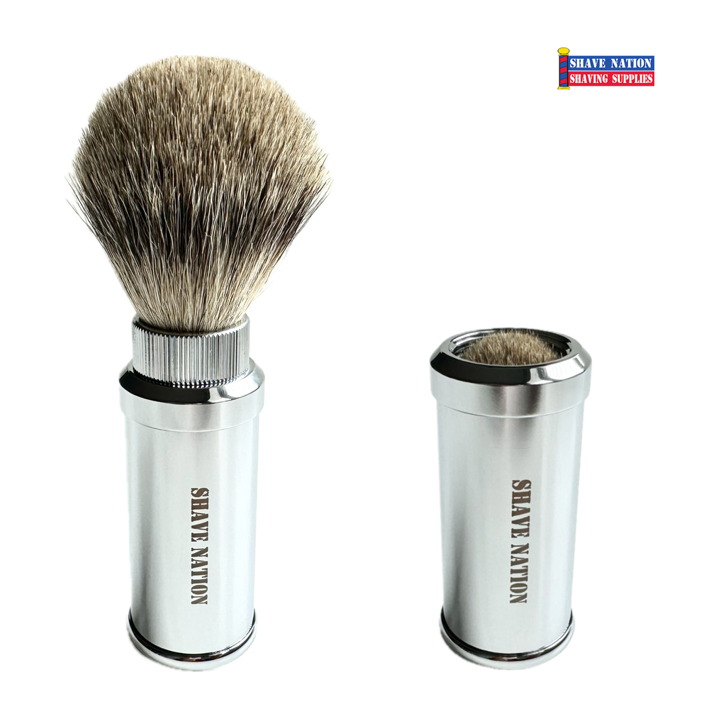 Shave Nation Pure Badger Travel Brush Polished Chrome Case