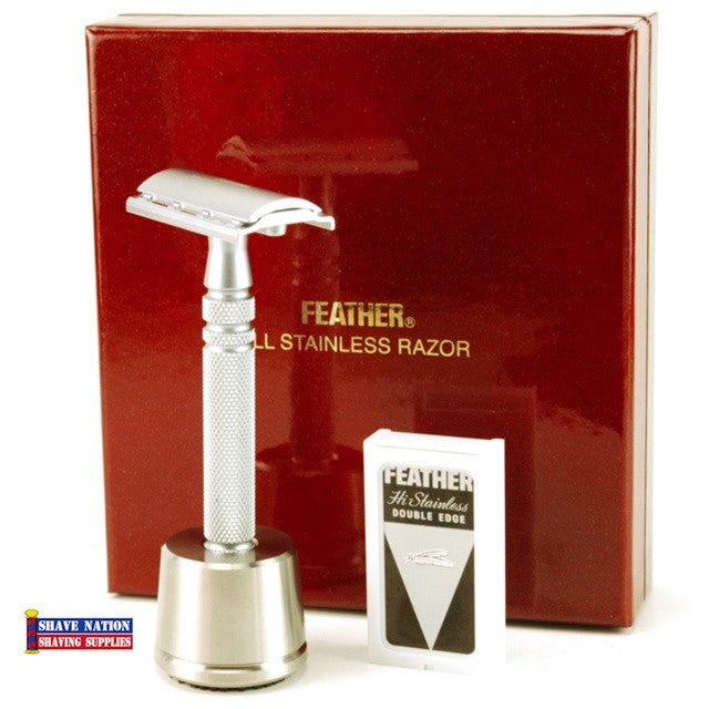 Feather All Stainless Closed Comb Safety Razor & Stand Gift Set