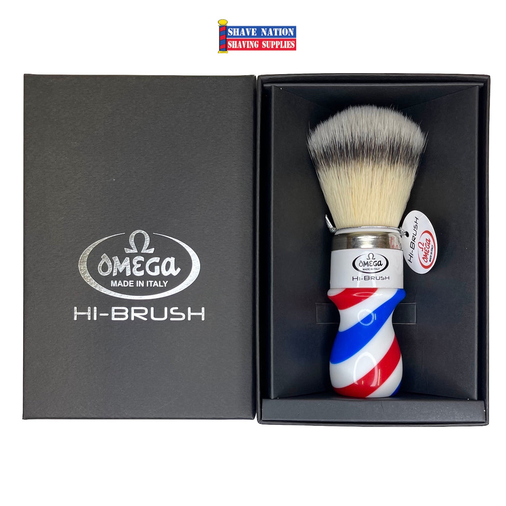 Omega Hi-Brush with Synthetic Bristles and Barber Pole Handle